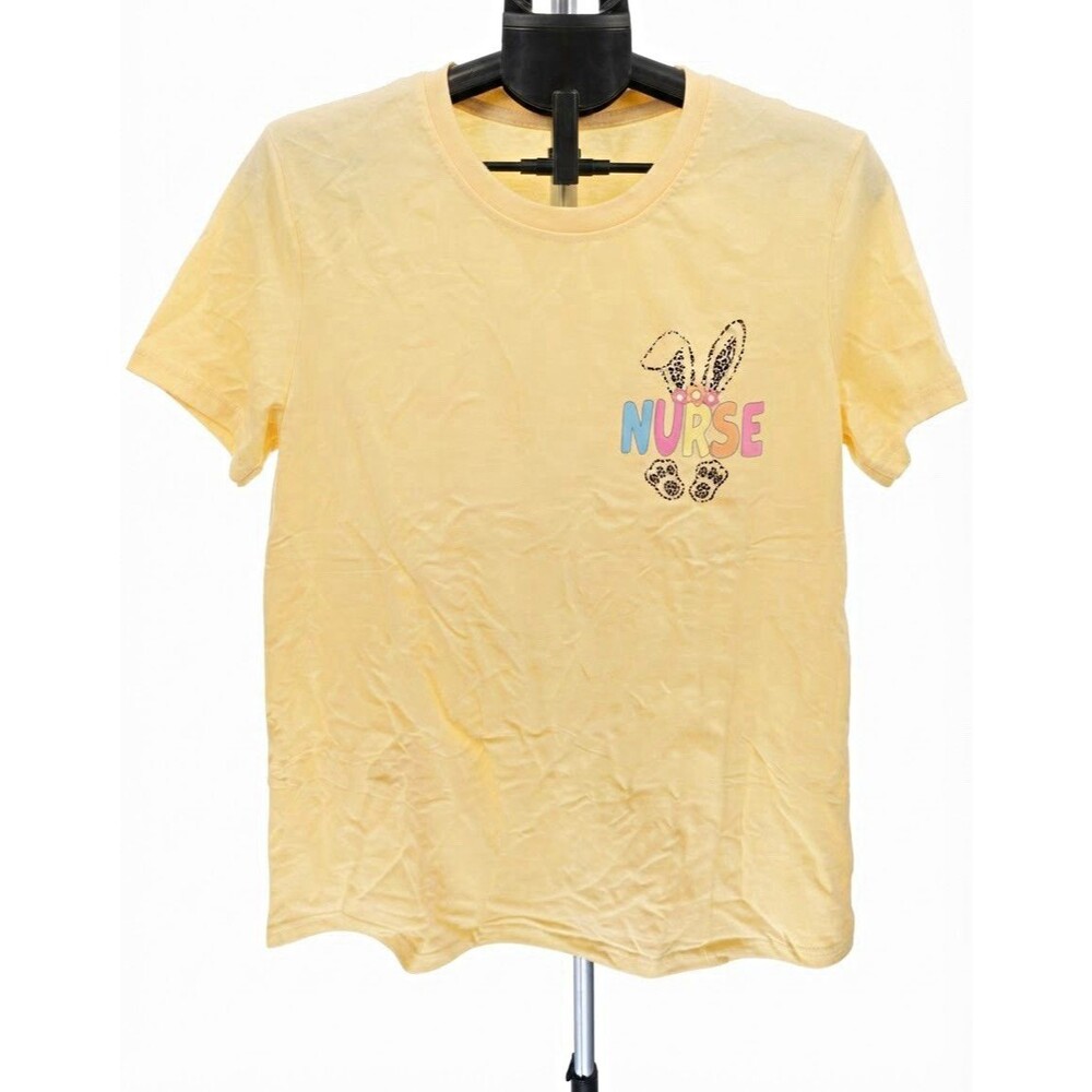 Easter Nurse T-Shirt Women Large Yellow Leopard Bunny Ears Graphic Tee Top New